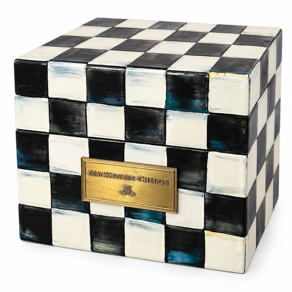 Mackenzie Childs Courtly Check Recipe Box Metal Hinged Black White Classic